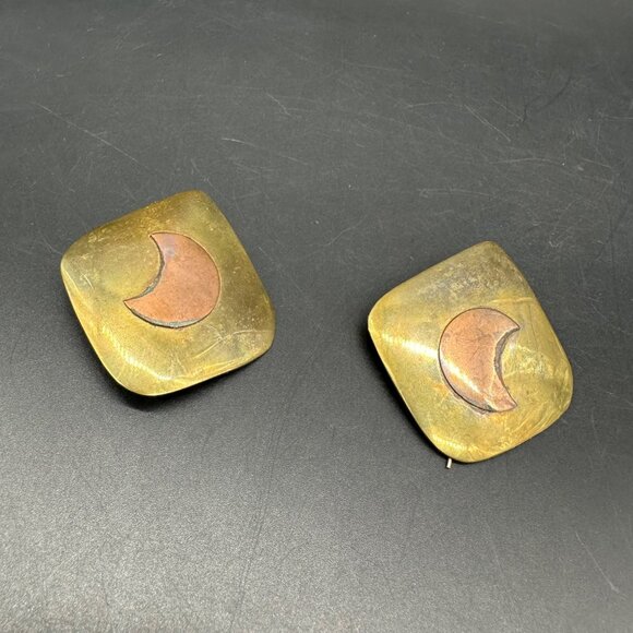 Vintage Earrings Crescent Moon Brass Copper Boho Celestial Modern Mixed Metal - Picture 1 of 8